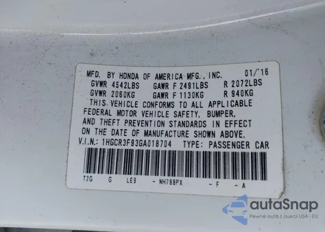 2016 Honda Accord Touring from USA, damaged, VIN 1HGCR3F93GA018704